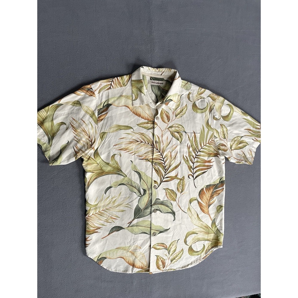 Tommy Bahama Shirt Mens XL Beige Silk Palm Leaf Print Camp Button Up Casual - Picture 2 of 9